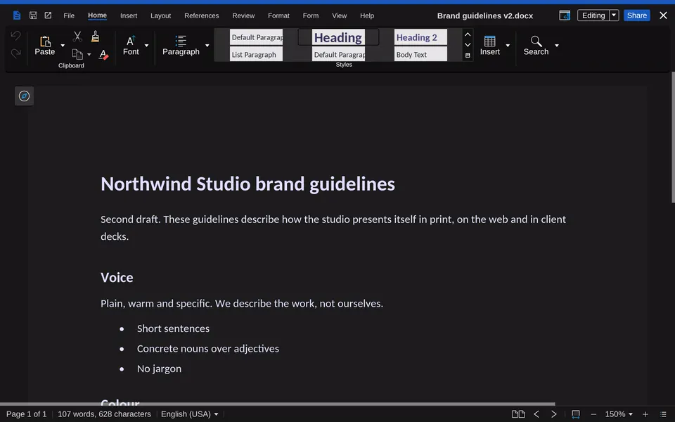 Helios Docs: the document Brand guidelines v2.docx open for editing in the browser, with a formatting toolbar above the Northwind Studio brand guidelines.