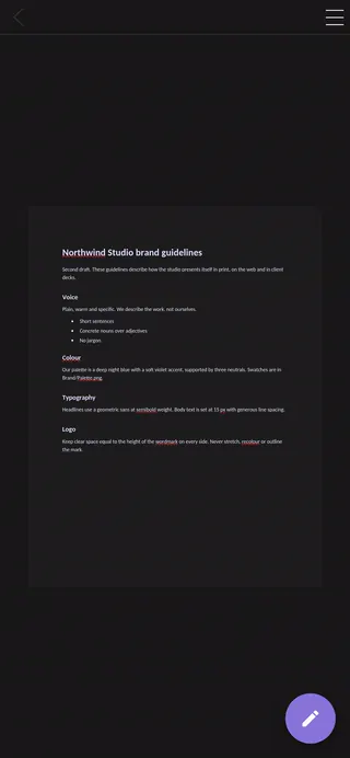 Helios Docs on a phone: the Northwind Studio brand guidelines document open to read, with an edit button.