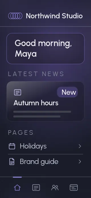 The Northwind Studio intranet on a phone: a greeting, the latest news post and a list of pages.